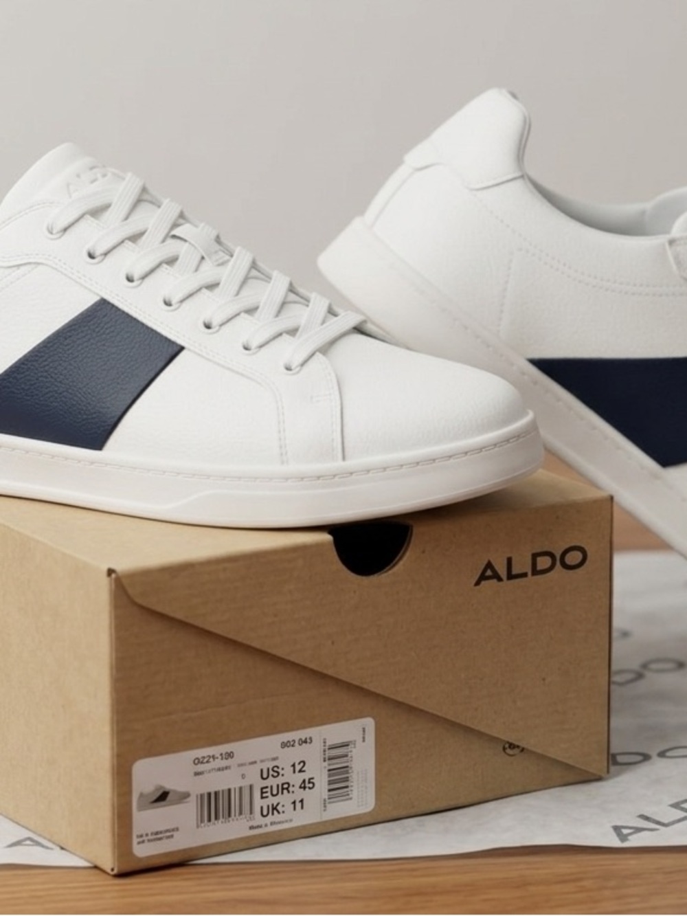 NEW ALDO Ozzy‑120 Men’s Sneakers Size 12 White Leather Navy Stripe Minimalist